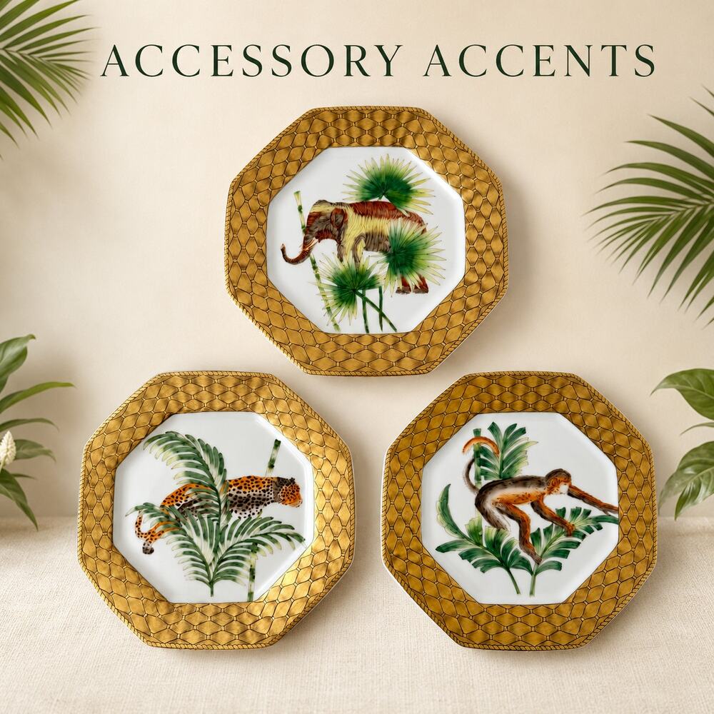 Accessory Accents 3 Safari Animal Plates Elephant Leopard Monkey Gold Octagon